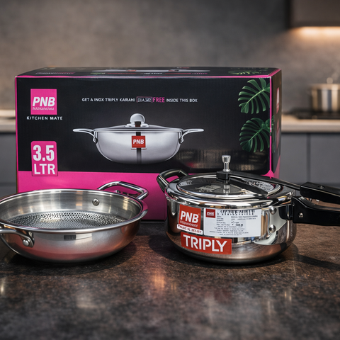 PNB Kitchenmate Euro Duo 3.5 Litre Triply Stainless Steel Pressure Cooker with Free 22 cm Triply Honeycomb Coated Kadhai | Induction & Gas Compatible | Premium Cookware Combo