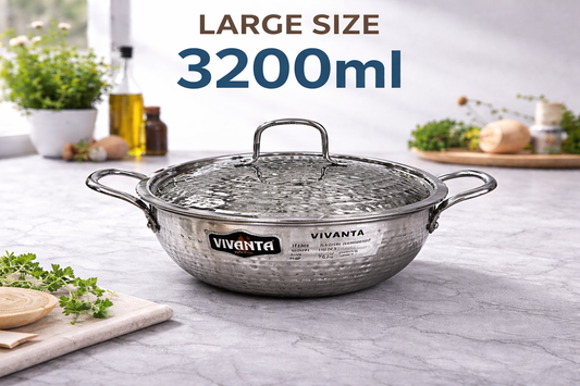 Vivanta 24cm Triply Stainless Steel Kadhai (3.2 Litre) with Glass Lid | Hammered Finish | Induction & Gas Compatible | Heavy Bottom Cookware