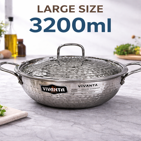 Vivanta 24cm Triply Stainless Steel Kadhai (3.2 Litre) with Glass Lid | Hammered Finish | Induction & Gas Compatible | Heavy Bottom Cookware