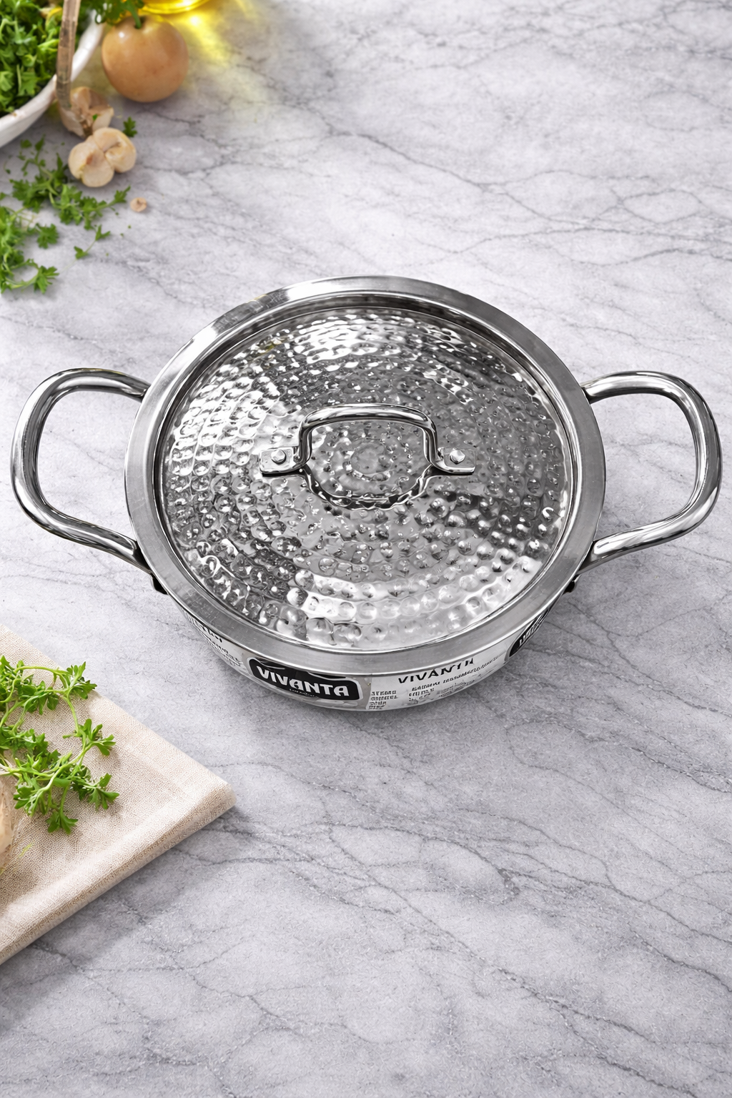 Vivanta 18cm Triply Stainless Steel Kadhai (1.5 Litre) with Glass Lid | Hammered Finish | Induction & Gas Compatible | Heavy Bottom Cookware