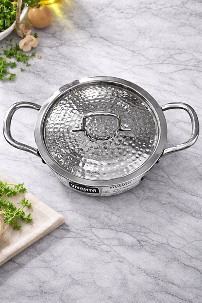 Vivanta 18cm Triply Stainless Steel Kadhai (1.5 Litre) with Glass Lid | Hammered Finish | Induction & Gas Compatible | Heavy Bottom Cookware