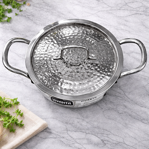 Vivanta 24cm Triply Stainless Steel Kadhai (3.2 Litre) with Glass Lid | Hammered Finish | Induction & Gas Compatible | Heavy Bottom Cookware