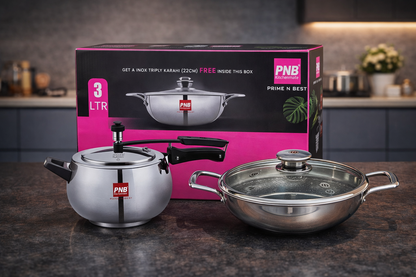 PNB Kitchenmate Euro Duo 3 Litre Triply Stainless Steel Pressure Cooker with Free 22 cm Triply Honeycomb Coated Kadhai | Induction & Gas Compatible | Premium Cookware Combo