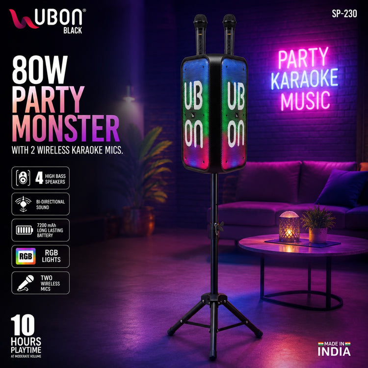 UBON Black SP-230 80W Party Monster Bluetooth Speaker with Adjustable Tripod Stand & 2 Wireless Karaoke Microphones | 4 High Bass Speakers | RGB Lights | 7200mAh Battery | Bluetooth v5.4