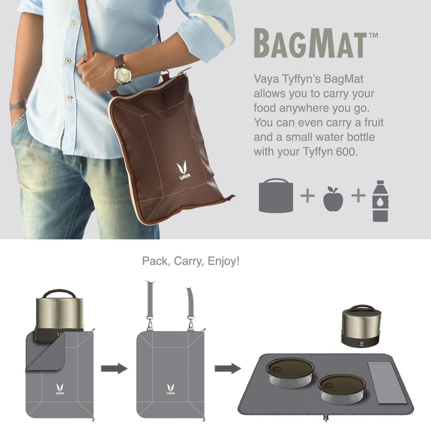 VAYA TYFFYN Lyte 600 ml Graphite Polished Stainless Steel Tiffin Box with BagMat 2 Containers Lunch Box  (600 ml, Thermoware)
