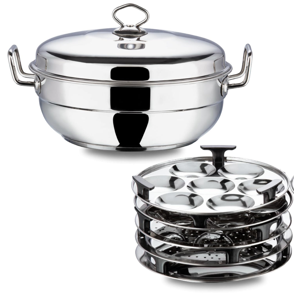 Vinod Stainless Steel Multi Kadai - 5 Plates, 26 cm | 2 Idli, 2 Dhokla and 1 Patra Plate/All in One Idli Cooker, Heavy Guage Idli maker, SAS Bottom Steamer - 2 Year Warranty