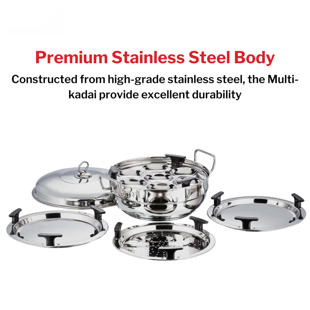 Vinod Stainless Steel Multi Kadai - 5 Plates, 26 cm | 2 Idli, 2 Dhokla and 1 Patra Plate/All in One Idli Cooker, Heavy Guage Idli maker, SAS Bottom Steamer - 2 Year Warranty