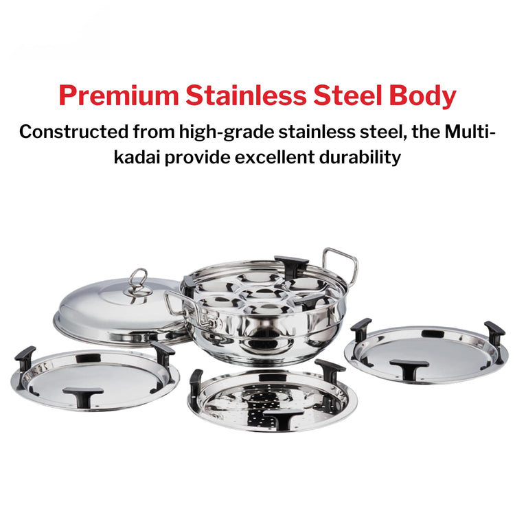 Vinod Stainless Steel Multi Kadai - 5 Plates, 26 cm | 2 Idli, 2 Dhokla and 1 Patra Plate/All in One Idli Cooker, Heavy Guage Idli maker, SAS Bottom Steamer - 2 Year Warranty