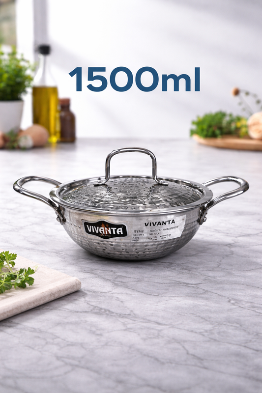 Vivanta 18cm Triply Stainless Steel Kadhai (1.5 Litre) with Glass Lid | Hammered Finish | Induction & Gas Compatible | Heavy Bottom Cookware