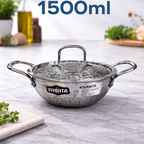 Vivanta 18cm Triply Stainless Steel Kadhai (1.5 Litre) with Glass Lid | Hammered Finish | Induction & Gas Compatible | Heavy Bottom Cookware