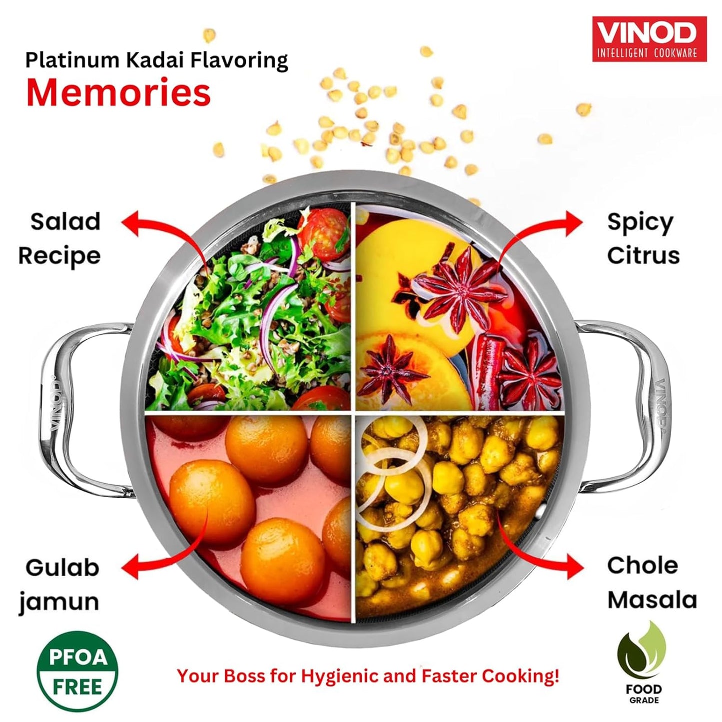 Vinod Platinum Triply Stainless Steel Kadai with Stainless Steel Lid 3.2 litres Capacity (26 cm Diameter) | 3.2 L Triply Stainless Steel Kadai - Silver (Induction and Gas Stove Friendly)