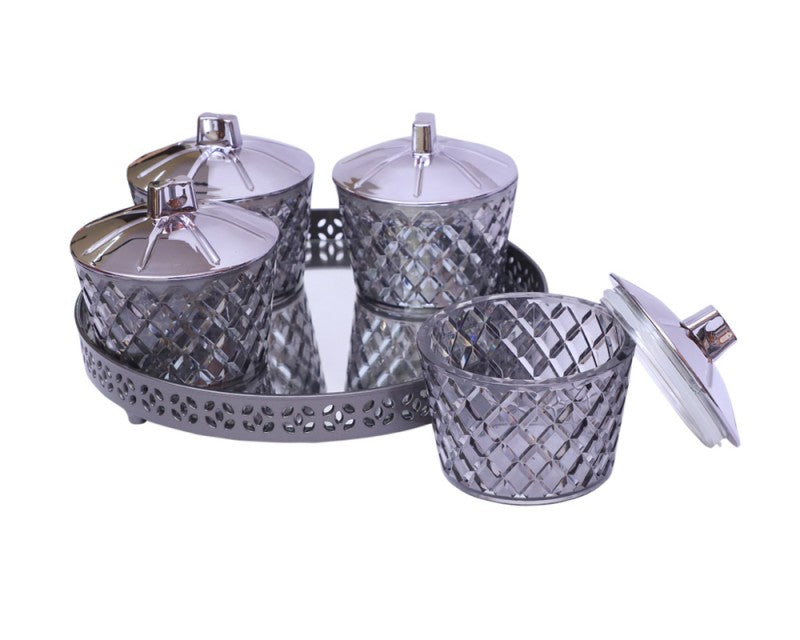 Jaypee Plus Luxe 4 Jar Dry Fruit & Snacks Storage Container Set of 4 Pcs | BPA Free & Airtight Silicone Seal Lid with Mirror Glass Tray | Durable & Break Resistant 500 ml, Light Grey