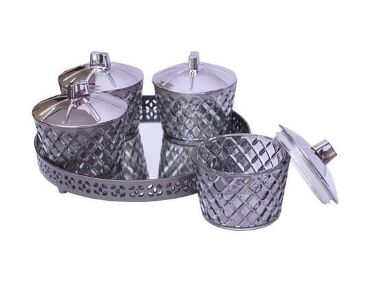 Jaypee Plus Luxe 4 Jar Dry Fruit & Snacks Storage Container Set of 4 Pcs | BPA Free & Airtight Silicone Seal Lid with Mirror Glass Tray | Durable & Break Resistant 500 ml, Light Grey