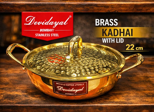 Devidayal Premium Brass Kadhai with Lid 22cm (2.4Ltrs)- Traditional Hammered Design, Durable & Elegant Cookware