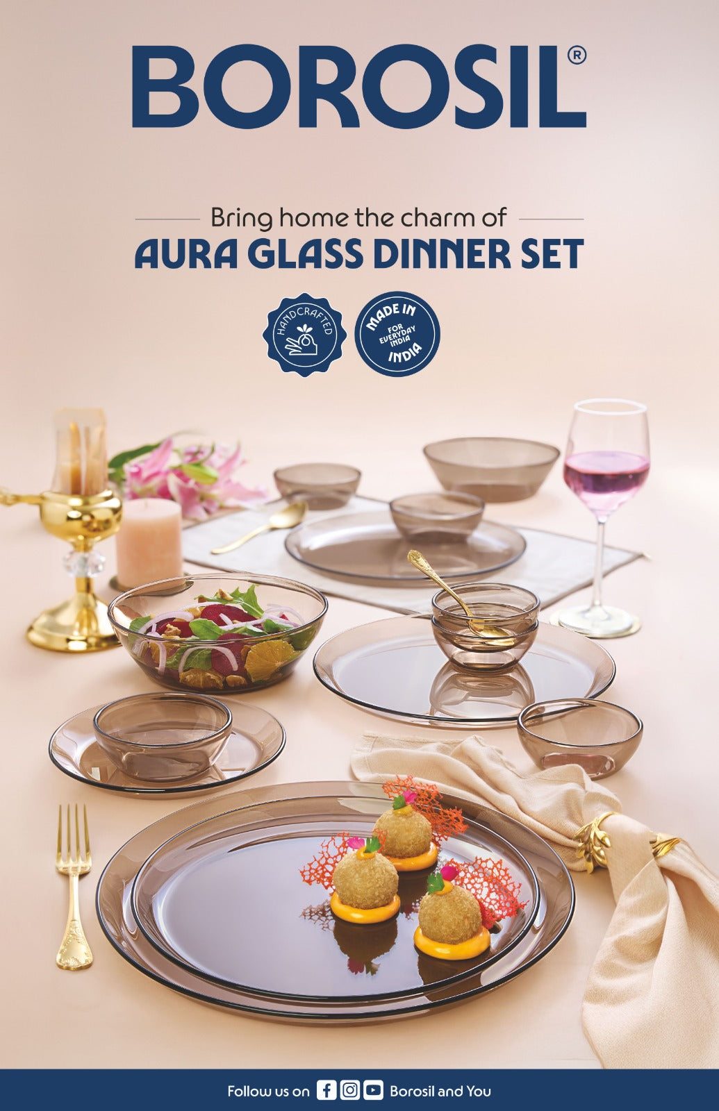 Borosil 27pc Aura India’s First Coloured Handcrafted Dinner Set | Made in India Borosilicate Glass Tableware | Microwave, Dishwasher & Oven Safe | Crockery for Gifting & Dining (Brown)