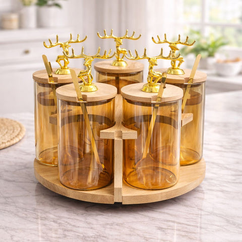 6 Jar Glass Spice & Dry Fruit Storage Set with Wooden Rotating Stand | Premium Kitchen Organizer with Gold Deer Lid & Spoons