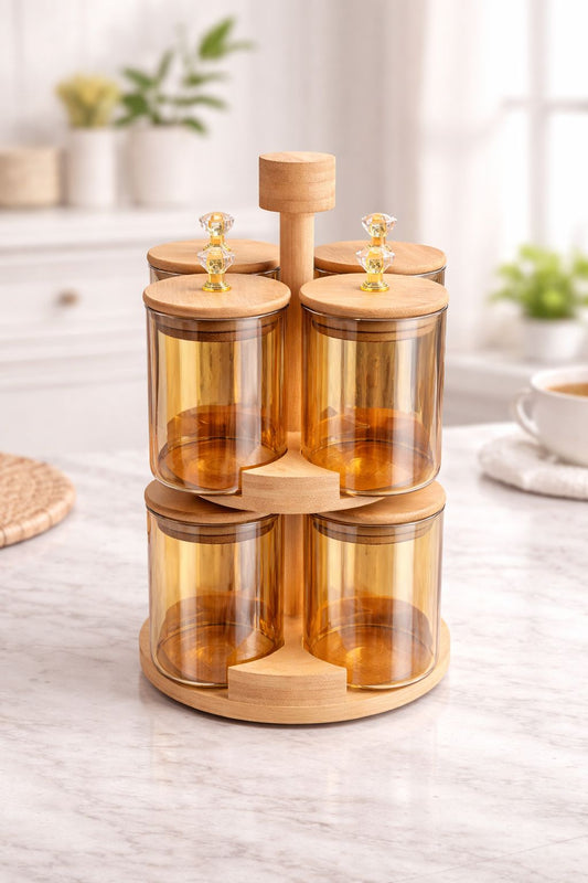 8 Jar Rotating Spice Rack Set with Bamboo Stand | 360° Revolving Masala Organizer with Glass Storage Jars & Airtight Wooden Lids | Kitchen Countertop Spice Holder for Masala, Dry Fruits & Condiments
