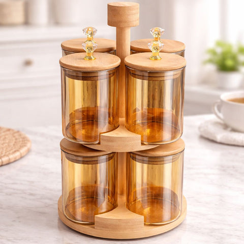 8 Jar Rotating Spice Rack Set with Bamboo Stand | 360° Revolving Masala Organizer with Glass Storage Jars & Airtight Wooden Lids | Kitchen Countertop Spice Holder for Masala, Dry Fruits & Condiments