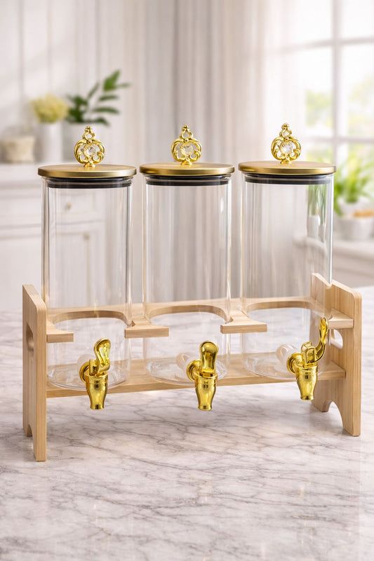 3 Jar Glass Beverage Dispenser with Wooden Stand & Gold Tap | Juice, Water & Drink Dispenser Set with Airtight Lids | Elegant Kitchen Counter & Party Drink Server