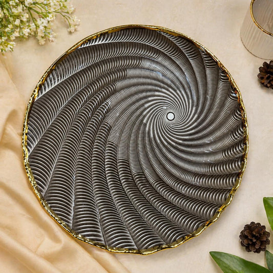 Premium 10.5 Inch Glass Dinner Plates Set of 6 with Gold Rim | Designer Spiral Full Plate Set for Dining & Serving