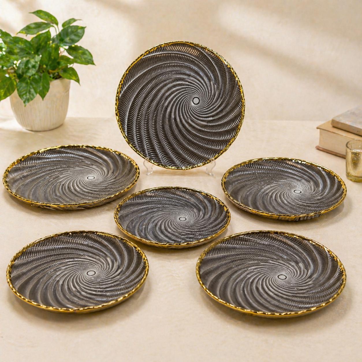 Premium 10.5 Inch Glass Dinner Plates Set of 6 with Gold Rim | Designer Spiral Full Plate Set for Dining & Serving