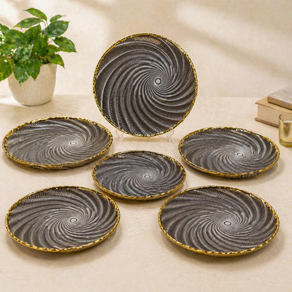 Premium 10.5 Inch Glass Dinner Plates Set of 6 with Gold Rim | Designer Spiral Full Plate Set for Dining & Serving