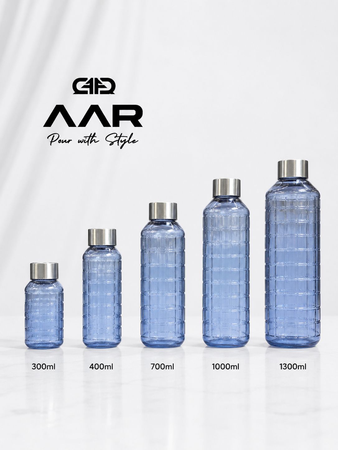 AAR - Elite Toughened Glass Water Bottles, Microwave & Freezer Safe, Leak Proof with Airtight Stainless Steel Gasket Sealed Lid, Scratch Resistant, Blue - 1000ML