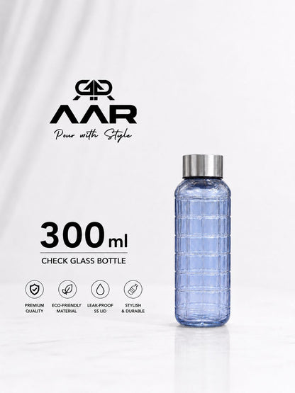 AAR - Elite Toughened Glass Water Bottles, Microwave & Freezer Safe, Leak Proof with Airtight Stainless Steel Gasket Sealed Lid, Scratch Resistant, Blue - 300ML