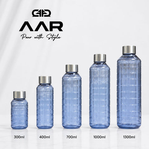 AAR - Elite Toughened Glass Water Bottles, Microwave & Freezer Safe, Leak Proof with Airtight Stainless Steel Gasket Sealed Lid, Scratch Resistant, Blue - 1300ML