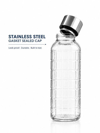 AAR - Elite Toughened Glass Water Bottles, Microwave & Freezer Safe, Leak Proof with Airtight Stainless Steel Gasket Sealed Lid, Scratch Resistant, Transparent - 1000ML