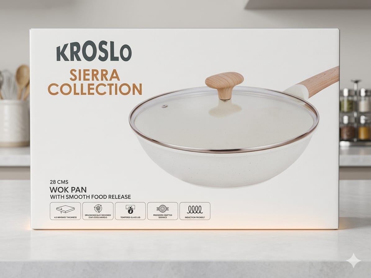 Kroslo Sierra Collection 28cm Wok Pan with Glass Lid | 3.6 Litre Ceramic Coated Non-Stick Kadai | Induction & Gas Compatible Deep Fry Pan