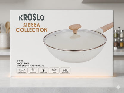 Kroslo Sierra Collection 28cm Wok Pan with Glass Lid | 3.6 Litre Ceramic Coated Non-Stick Kadai | Induction & Gas Compatible Deep Fry Pan