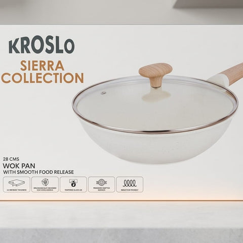 Kroslo Sierra Collection 28cm Wok Pan with Glass Lid | 3.6 Litre Ceramic Coated Non-Stick Kadai | Induction & Gas Compatible Deep Fry Pan