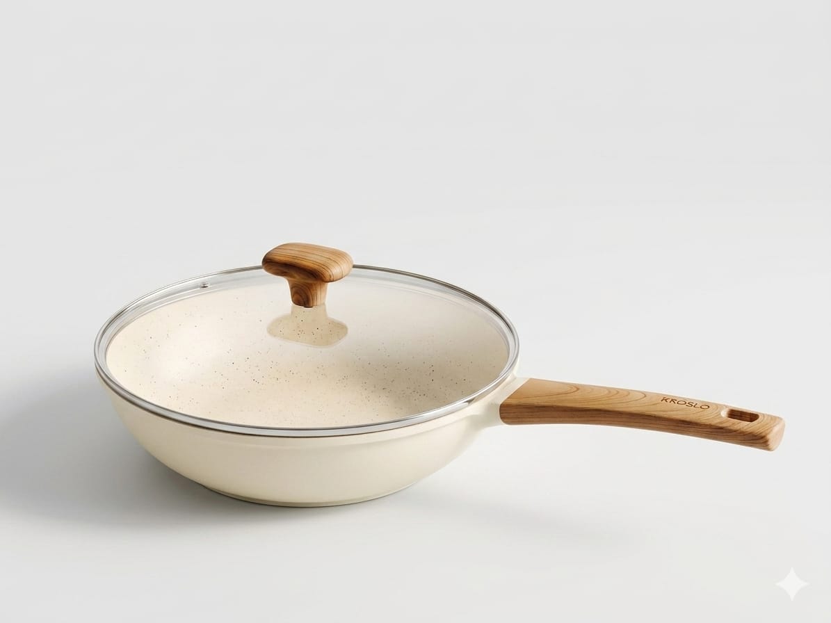 Kroslo Sierra Collection 28cm Wok Pan with Glass Lid | 3.6 Litre Ceramic Coated Non-Stick Kadai | Induction & Gas Compatible Deep Fry Pan