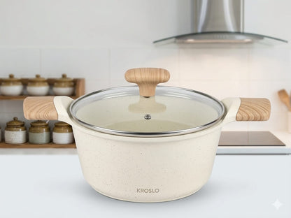 KROSLO Ceramic Dutch Pot 20cm (2.6 Litres) with Glass Lid | Non-Stick Casserole Pot with Wooden Finish Handles | Induction & Gas Stove Compatible