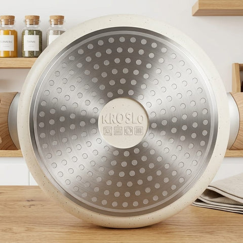KROSLO Ceramic Dutch Pot 20cm (2.6 Litres) with Glass Lid | Non-Stick Casserole Pot with Wooden Finish Handles | Induction & Gas Stove Compatible