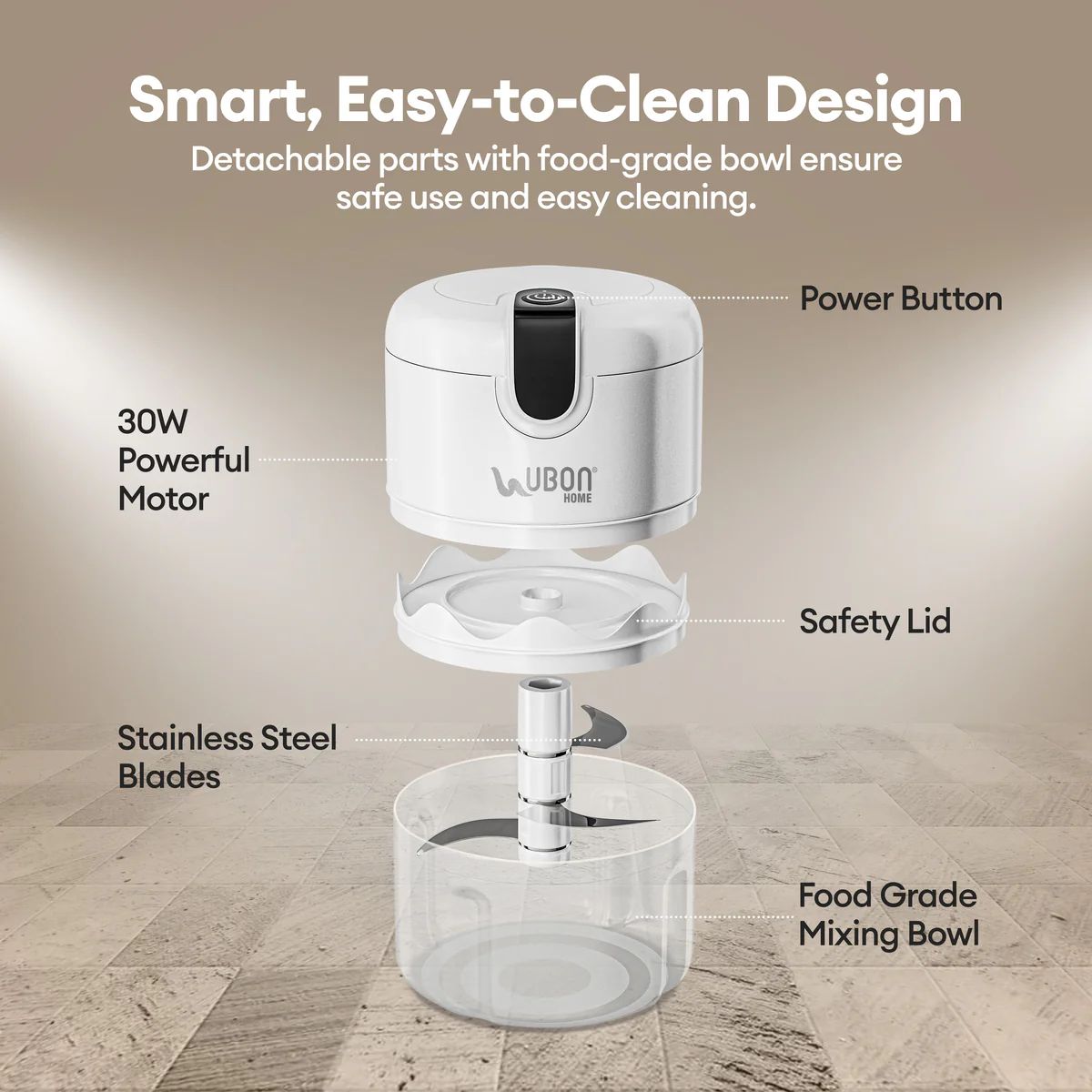 UBON Home Rechargeable Electric Mini Food Chopper | USB Charging | One-Touch Operation | Portable Vegetable, Onion, Garlic & Herb Cutter | Multi-Purpose Kitchen Chopper