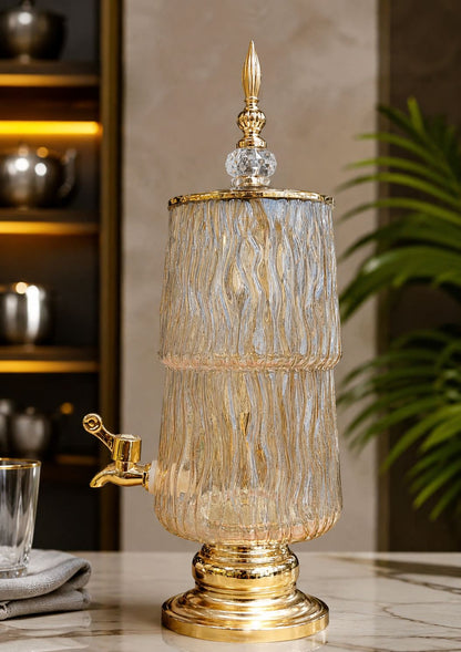 Luxury Ribbed Glass Beverage Dispenser with Gold Finish Tap & Lid | Premium Cocktail, Juice & Water Server for Home, Parties & Events