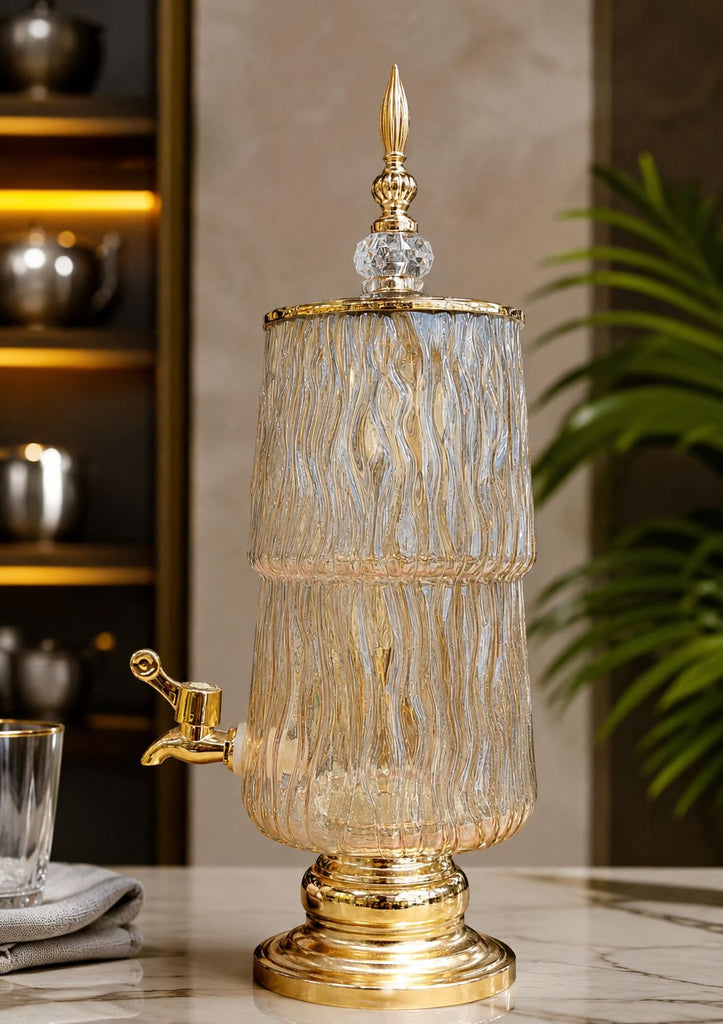 Luxury Ribbed Glass Beverage Dispenser with Gold Finish Tap & Lid | Premium Cocktail, Juice & Water Server for Home, Parties & Events