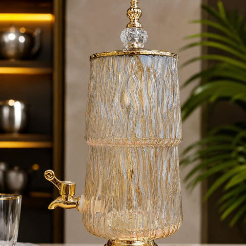 Luxury Ribbed Glass Beverage Dispenser with Gold Finish Tap & Lid | Premium Cocktail, Juice & Water Server for Home, Parties & Events
