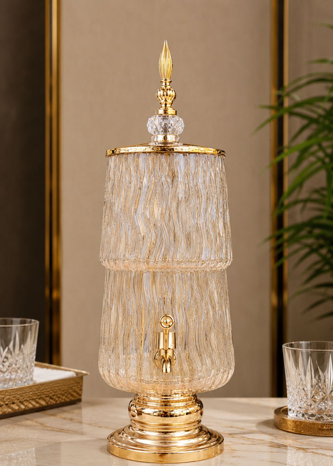 Luxury Ribbed Glass Beverage Dispenser with Gold Finish Tap & Lid | Premium Cocktail, Juice & Water Server for Home, Parties & Events