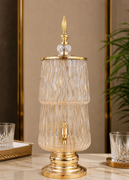 Luxury Ribbed Glass Beverage Dispenser with Gold Finish Tap & Lid | Premium Cocktail, Juice & Water Server for Home, Parties & Events