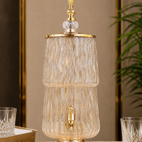 Luxury Ribbed Glass Beverage Dispenser with Gold Finish Tap & Lid | Premium Cocktail, Juice & Water Server for Home, Parties & Events