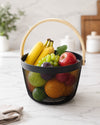 Premium Multipurpose Metal Mesh Storage Basket with Wooden Handle | Fruit Basket, Bathroom Organizer, Kitchen Counter Basket, Vegetable & Utility Storage- Black