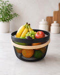 Premium Multipurpose Metal Mesh Storage Basket with Wooden Handle | Fruit Basket, Bathroom Organizer, Kitchen Counter Basket, Vegetable & Utility Storage- Black
