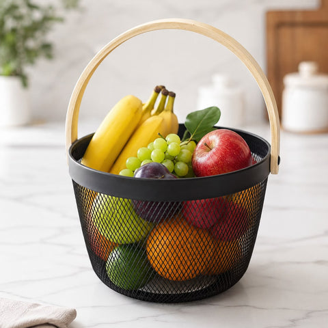 Premium Multipurpose Metal Mesh Storage Basket with Wooden Handle | Fruit Basket, Bathroom Organizer, Kitchen Counter Basket, Vegetable & Utility Storage- Black