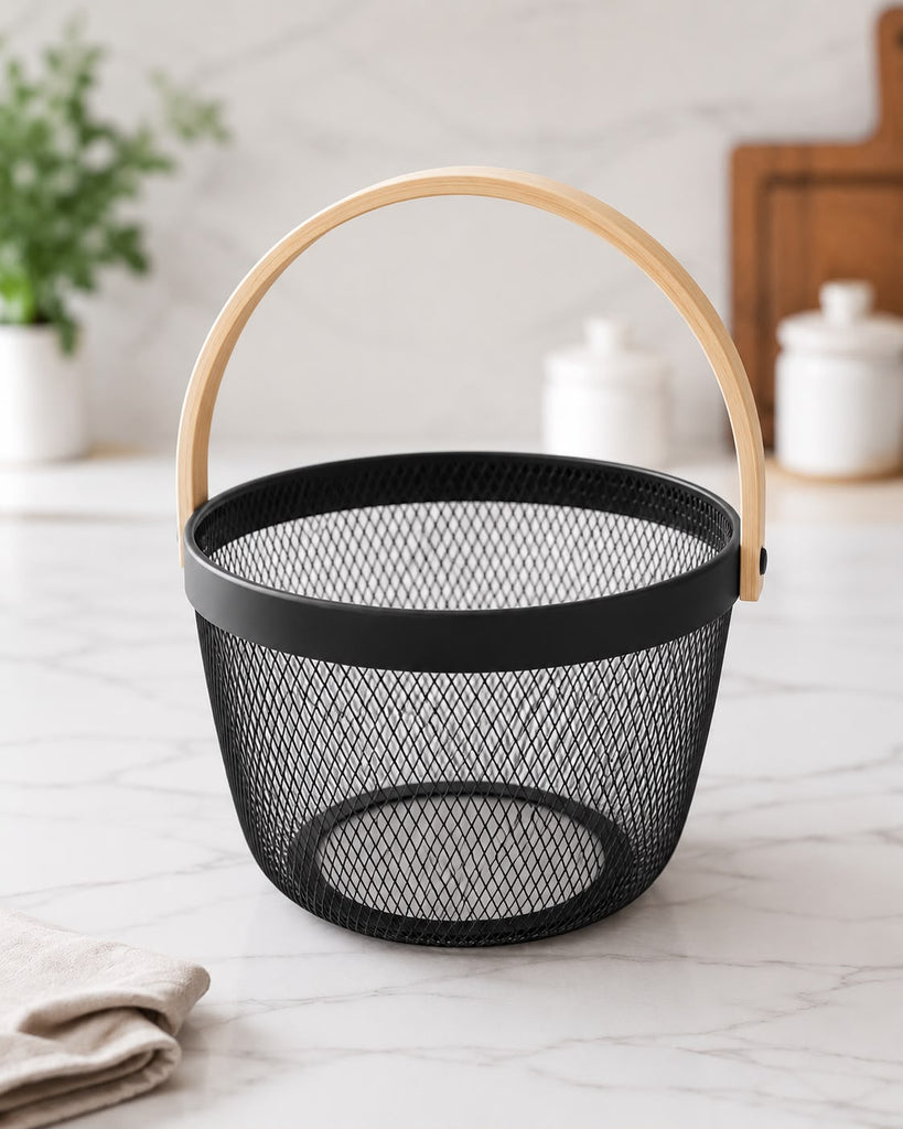 Premium Multipurpose Metal Mesh Storage Basket with Wooden Handle | Fruit Basket, Bathroom Organizer, Kitchen Counter Basket, Vegetable & Utility Storage- Black