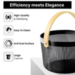 Premium Multipurpose Metal Mesh Storage Basket with Wooden Handle | Fruit Basket, Bathroom Organizer, Kitchen Counter Basket, Vegetable & Utility Storage- Black