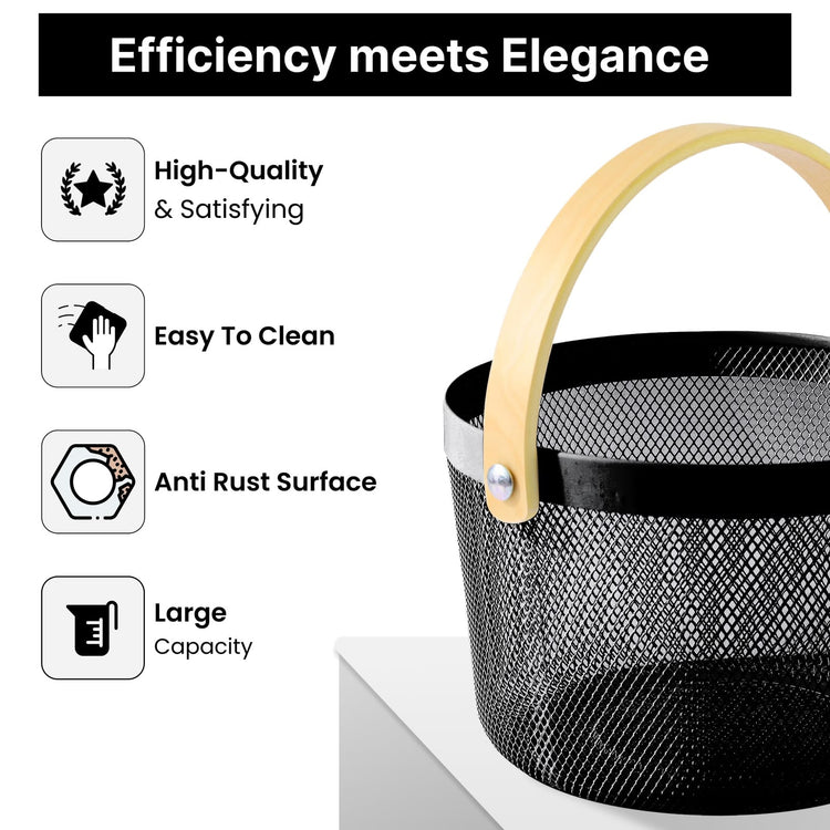 Premium Multipurpose Metal Mesh Storage Basket with Wooden Handle | Fruit Basket, Bathroom Organizer, Kitchen Counter Basket, Vegetable & Utility Storage- Black