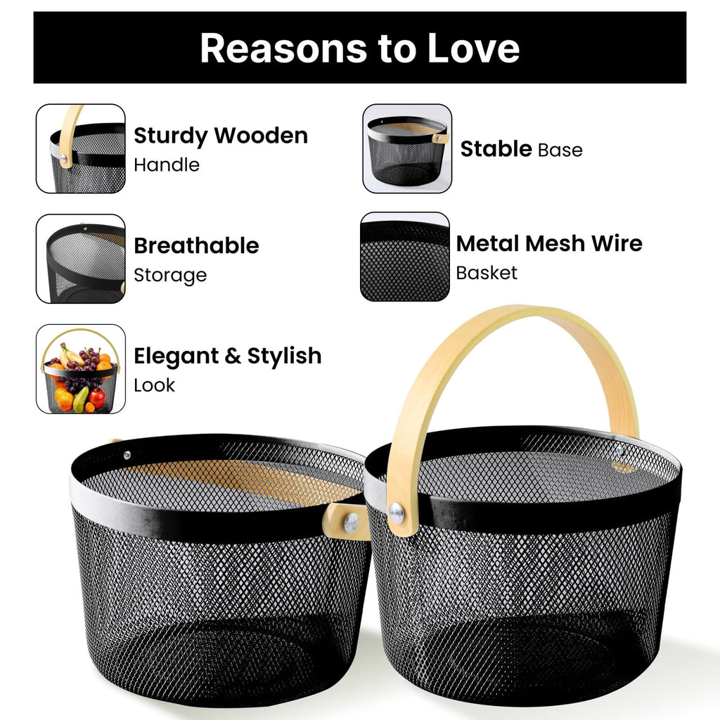 Premium Multipurpose Metal Mesh Storage Basket with Wooden Handle | Fruit Basket, Bathroom Organizer, Kitchen Counter Basket, Vegetable & Utility Storage- Black